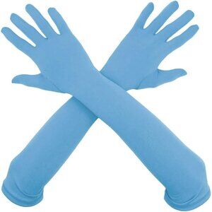Women's Satin Sky Blue Gloves Elbow Length Full Finger Stretchy Party Costume